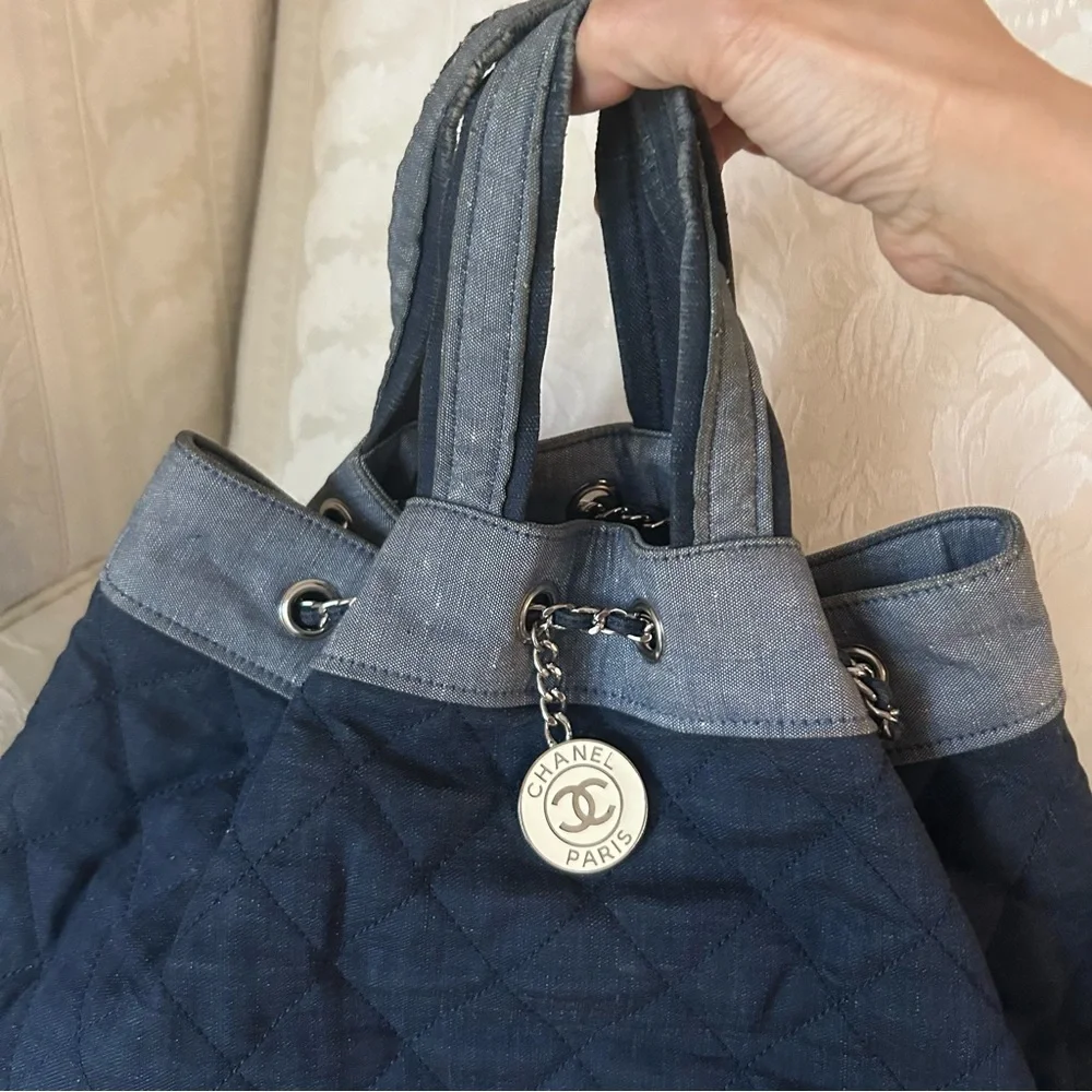 RARE！Chanel 2014 denim 2 tone medallion charm back pack bag/tote bag